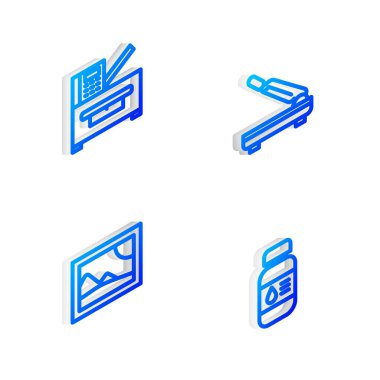 Isometric hat kağıt kesiciyi, fotokopi makinesini, resim manzarasını ve yazıcı mürekkep şişesi simgesini ayarla. Vektör