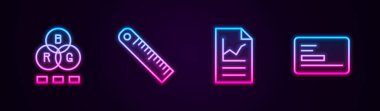 Satır RGB renk karıştırma, cetvel, grafik çizelgesi ve kartvizit ile belge ayarla. Parlayan neon ikonu. Vektör