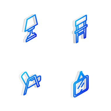 Sıralı sandalye, masa lambası, Kol Sandalyesi ve Ayna simgesini ayarlayın. Vektör