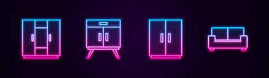 Gardırop, Çekmece Sandığı ve Koltuk 'u ayarla. Parlayan neon ikonu. Vektör