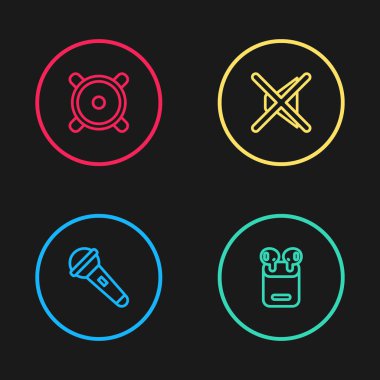 Hattı ayarlayın, mikrofon, kulaklıklar kutuda, hoparlör sessiz ve Stereo hoparlör ikonu. Vektör