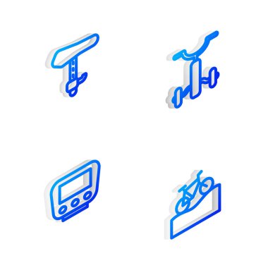 Çocuklar, koltuk, hız göstergesi ve dağ bisikleti ikonu için Isometric hattı oluşturun. Vektör