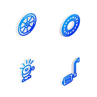 Isometric hattını ayarlayın bisiklet topu taşıyıcısı, tekerlek, zil ve pedal simgesi. Vektör