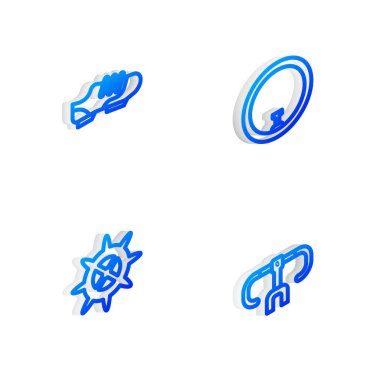 Isometric hattı bisiklet tekerleği, ayakkabılar, sproket kolu ve gidon simgesini ayarla. Vektör