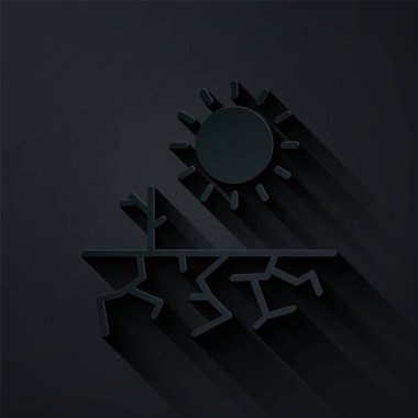 Kağıt kesiği Kuraklık simgesi siyah arkaplanda izole edildi. Kağıt sanatı tarzı. Vektör İllüstrasyonu.