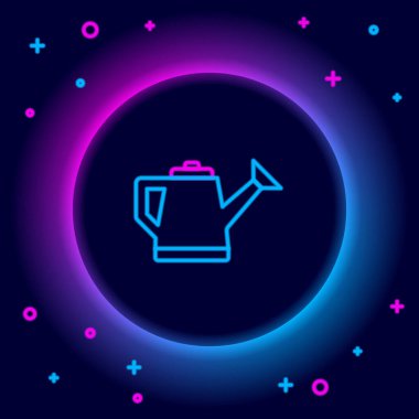 Parlayan neon hattı, siyah arkaplanda izole edilmiş bir konserve kutusu simgesi. Sulama sembolü. Renkli taslak konsepti. Vektör