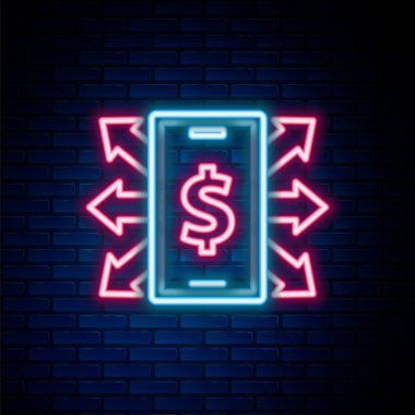 Parlayan neon hattı, dolar sembollü akıllı telefon tuğla duvar arkasında izole edilmiş. İnternetten alışveriş konsepti. Finansal cep telefonu simgesi. Çevrimiçi ödeme. Renkli taslak konsepti. Vektör