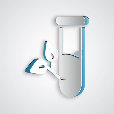 Kağıt kesiği laboratuvar camı ve gri arkaplanda izole edilmiş bir simge bırakıyor. Yapraklı kimyasal test tüpü. Eko Laboratuvarı. Kağıt sanatı tarzı. Vektör.