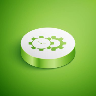 Isometric Zaman Yönetimi simgesi yeşil arkaplanda izole edildi. Saat ve vites tabelası. Üretkenlik sembolü. Beyaz daire düğmesi. Vektör.