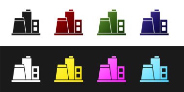 Fabrika simgesini siyah beyaz arkaplanda izole et. Endüstriyel bina. Vektör.