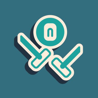 Yeşil Curling spor oyun simgesi yeşil arkaplanda izole edildi. Spor malzemeleri. Uzun gölge tarzı. Vektör.