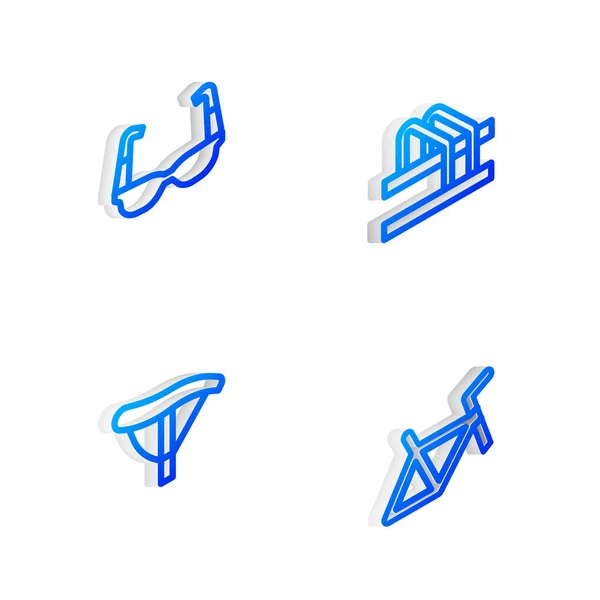 Állítsa Izometrikus Vonal Kerékpár Parkoló Sport Kerékpáros Napszemüveg Ülés Keret — Stock Vector