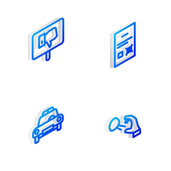 Nastavit Isometric Line Volební Dokument Protest Policejní Auto Blikač Hooligan — Stockový vektor