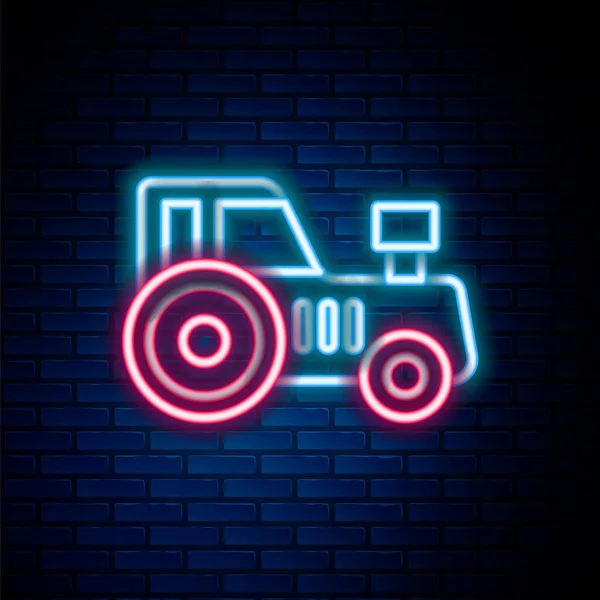 Parlayan Neon Hattı Traktör Simgesi Tuğla Duvar Arka Planında Izole — Stok Vektör