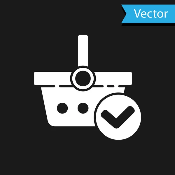 Weißer Warenkorb Mit Häkchen Symbol Auf Schwarzem Hintergrund Supermarkt Warenkorb — Stockvektor