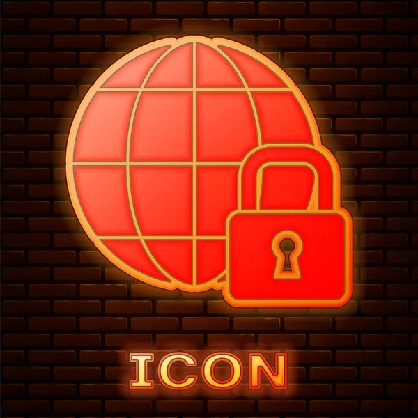 Glowing Neon Global Lockdown Locked Globe Icon Isolated Brick Wall — Stock Vector