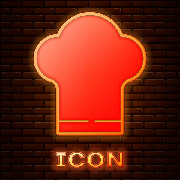 Icono Sombrero Chef Neón Brillante Aislado Fondo Pared Ladrillo Símbolo — Vector de stock