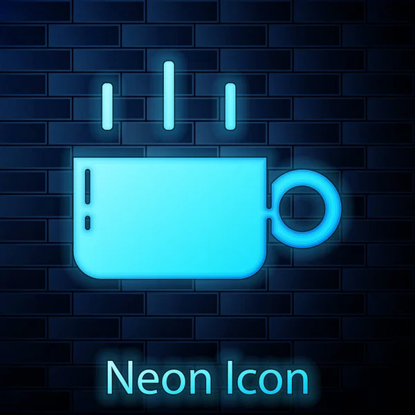 Brilhante Neon Ícone Xícara Café Isolado Fundo Parede Tijolo Uma — Vetor de Stock