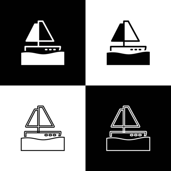 黒と白の背景に孤立ヨット帆船やセーリング船のアイコンを設定します 帆ボート海洋クルーズ旅行 ベクトル — ストックベクタ