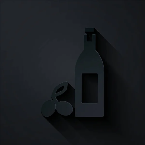 Papier Découpé Bouteille Huile Olive Icône Isolée Sur Fond Noir — Image vectorielle