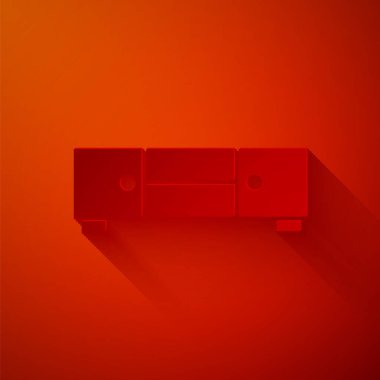 Kağıt kesiği Çekmece Sandığı simgesi kırmızı arkaplanda izole edildi. Kağıt sanatı tarzı. Vektör.