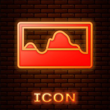Parlayan neon müzik dalgası eşitleyici simgesi tuğla duvar arka planında izole edildi. Ses dalgası. Ses dijital dengeleyici teknolojisi, konsol paneli, nabız müzikali. Vektör.