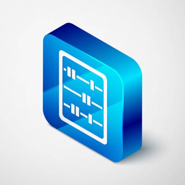 Gri arkaplanda Isometric Abaküs simgesi izole edildi. Geleneksel sayım çerçevesi. Eğitim işareti. Matematik okulu. Mavi kare düğme. Vektör.