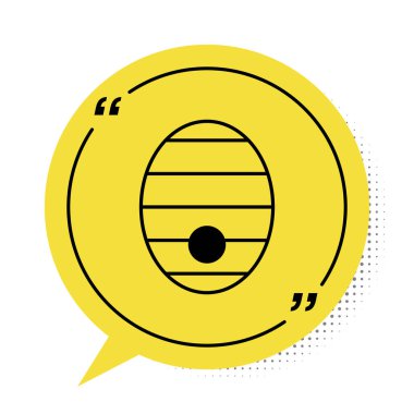 Beyaz arka planda izole edilmiş arılar için Siyah Kovan. Arı kovanı sembolü. Apiary ve arı yetiştiriciliği. Tatlı doğal yemek. Sarı konuşma balonu sembolü. Vektör