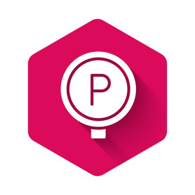 Beyaz Park simgesi uzun gölge arkaplanı ile izole edildi. Sokak tabelası. Pembe altıgen düğmesi. Vektör