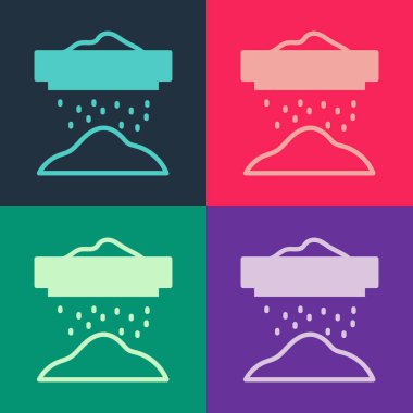 Pop Art Sifting unu, mısır gevreği veya pudra şekeri renk arkaplanından izole edilmiş süzgeç ikonunda. Vektör