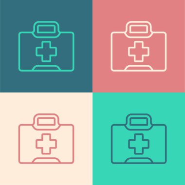 Pop sanat serisi ilk yardım seti simgesi renk arkaplanında izole edildi. Haçlı sağlık kutusu. Acil durumlar için tıbbi ekipman. Sağlık sigortası konsepti. Vektör İllüstrasyonu.