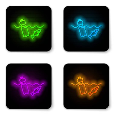 Parlayan neon hattı beyaz arka planda izole edilmiş okyanus ikonu kirliliği sorunu. Çöpler, plastikler, denizdeki poşetler. Siyah kare düğme. Vektör İllüstrasyonu.