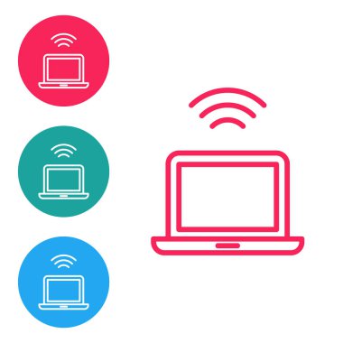Kırmızı çizgi kablosuz dizüstü bilgisayar simgesi beyaz arkaplanda izole edildi. İnternet kavramının kablosuz bağlantısı. Simgeleri daire düğmelerine ayır. Vektör.