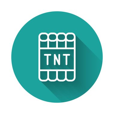 Beyaz çizgi dinamit bomba çubuğunu ve zamanlayıcı ikonunu uzun gölgeli olarak patlat. Saatli bomba - patlama tehlikesi kavramı. Yeşil daire düğmesi. Vektör.