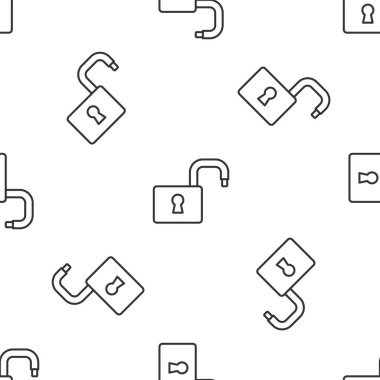 Gri çizgi Açık asma kilit simgesi beyaz arka planda izole edilmiş pürüzsüz desen. Kilit açık işareti. Siber güvenlik kavramı. Dijital veri koruması. Vektör.