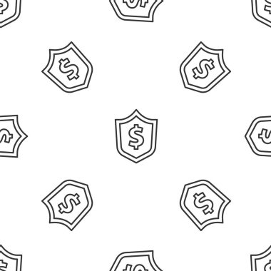 Dolar sembolü simgesi olan gri çizgi kalkanı beyaz arka planda izole edilmiş pürüzsüz desen. Güvenlik kalkanı koruması. Para güvenliği konsepti. Vektör.