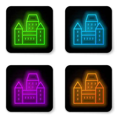 Quebec City, Kanada 'daki parlak neon hattı Chateau Frontenac oteli beyaz arka planda izole edildi. Siyah kare düğme. Vektör.