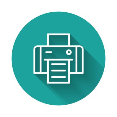 Beyaz çizgi yazıcı simgesi uzun gölgeli izole edildi. Yeşil daire düğmesi. Vektör.