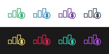 Çizgi çizelgesi bilgisini ve dolar sembolünü siyah beyaz arkaplanda izole et. Diyagram çizelgesi. Vektör.