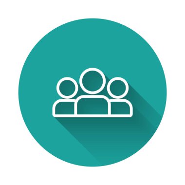 Beyaz çizgi kullanıcı grubu simgesi uzun gölgeli izole edildi. Bir grup insan ikonu. İş simgesi - kullanıcı profili simgesi. Yeşil daire düğmesi. Vektör.