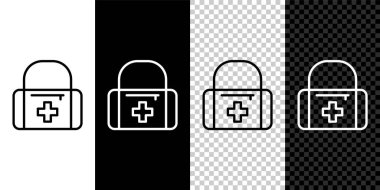 İlk yardım çantası simgesini siyah beyaz arkaplanda ayır. Haçlı sağlık kutusu. Acil durumlar için tıbbi ekipman. Sağlık sigortası konsepti. Vektör.