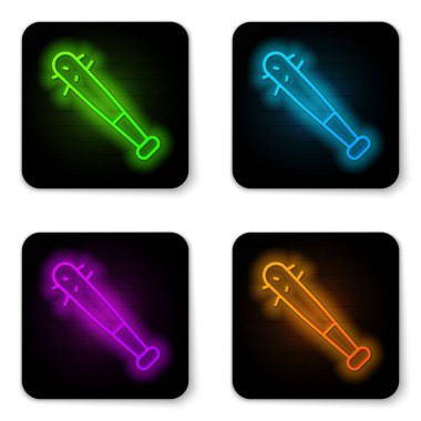 Beyaz arka planda izole edilmiş çivi simgesi olan parlak neon çizgili beyzbol sopası. Şiddetli silah. Siyah kare düğme. Vektör.