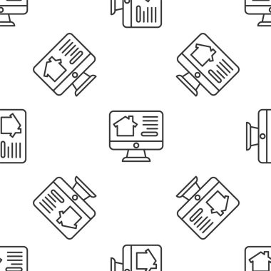 Gri Hat Çevrimiçi emlak evi monitör ikonunda beyaz arka planda izole edilmiş pürüzsüz desen. Ev kredisi konsepti, kira, satın alma, mülk alma. Vektör