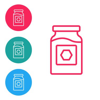 Beyaz arkaplanda kırmızı çizgi bal ikonu izole edilmiş. Yiyecek bankası. Tatlı doğal gıda sembolü. Simgeleri daire düğmelerine ayır. Vektör