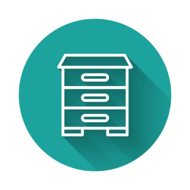 Arı ikonu için beyaz çizgi kovanı uzun gölge arkaplan izole. Arı kovanı sembolü. Apiary ve arı yetiştiriciliği. Tatlı doğal yemek. Yeşil daire düğmesi. Vektör