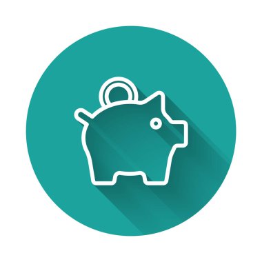 Beyaz çizgi domuz kumbarası ikonu uzun gölge arkaplanı ile izole edilmiş. Tasarruf ya da para birikimi, yatırım. Yeşil daire düğmesi. Vektör