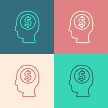 Pop Art Line Business Man 'in renkli arka planda izole edilmiş zihin ikonu planlaması. Dolarlı insan kafası. Para kazanmak için bir fikir. Yatırım artışı. Vektör