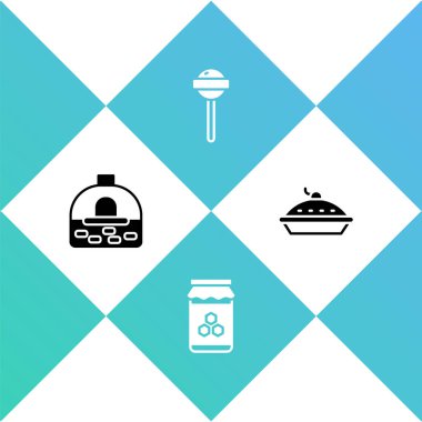 Brick sobası, bal kavanozu, lolipop ve ev yapımı turta ikonu. Vektör