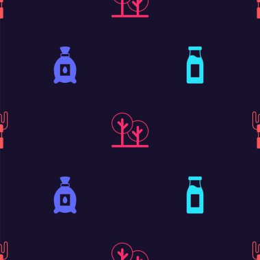 Sütlü bir şişe, bitki, ağaç ve bahçe tohumlarıyla dolu kusursuz desenli bir paket. Vektör