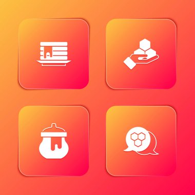 Krepler yığını, bal peteği ve el kavanozu, bal ve ikon. Vektör